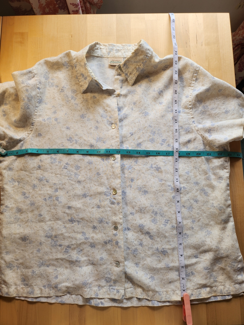 100% Linen Ivory/Blue Floral Button-Down Short Sleeve Shirt - Picture 5 of 8